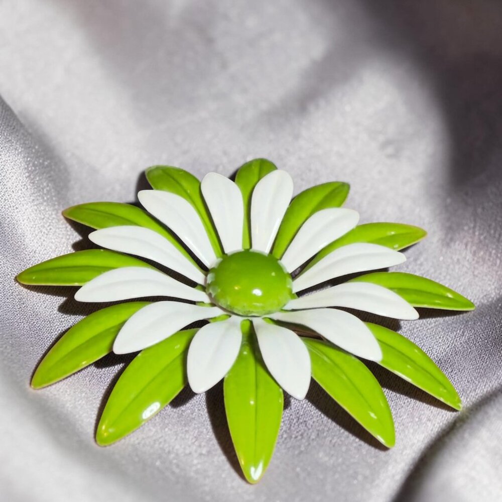 Enamel Daisy Flower Brooch Green White Large Pin 3.5” - Picture 3 of 8